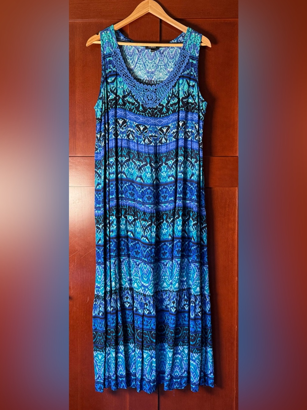 Elementz Blue & Teal Batik Style Crochet-Trim Sleeveless Maxi Dress Size XL